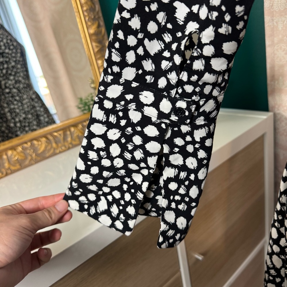 Banana Republic Button Up A Line Dress Long Sleeve White Black Pattern Petite - Picture 7 of 10